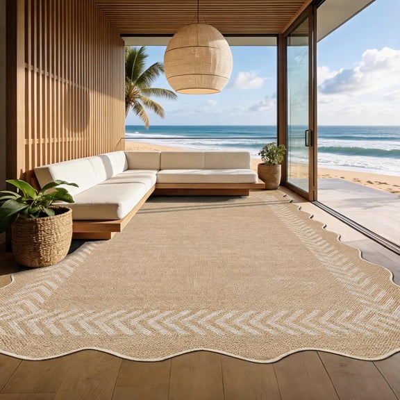 10x13 Indoor Outdoor Rug, Scalloped Border Washable Low Pile Non Slip Rug for Living Room Patio, Tan