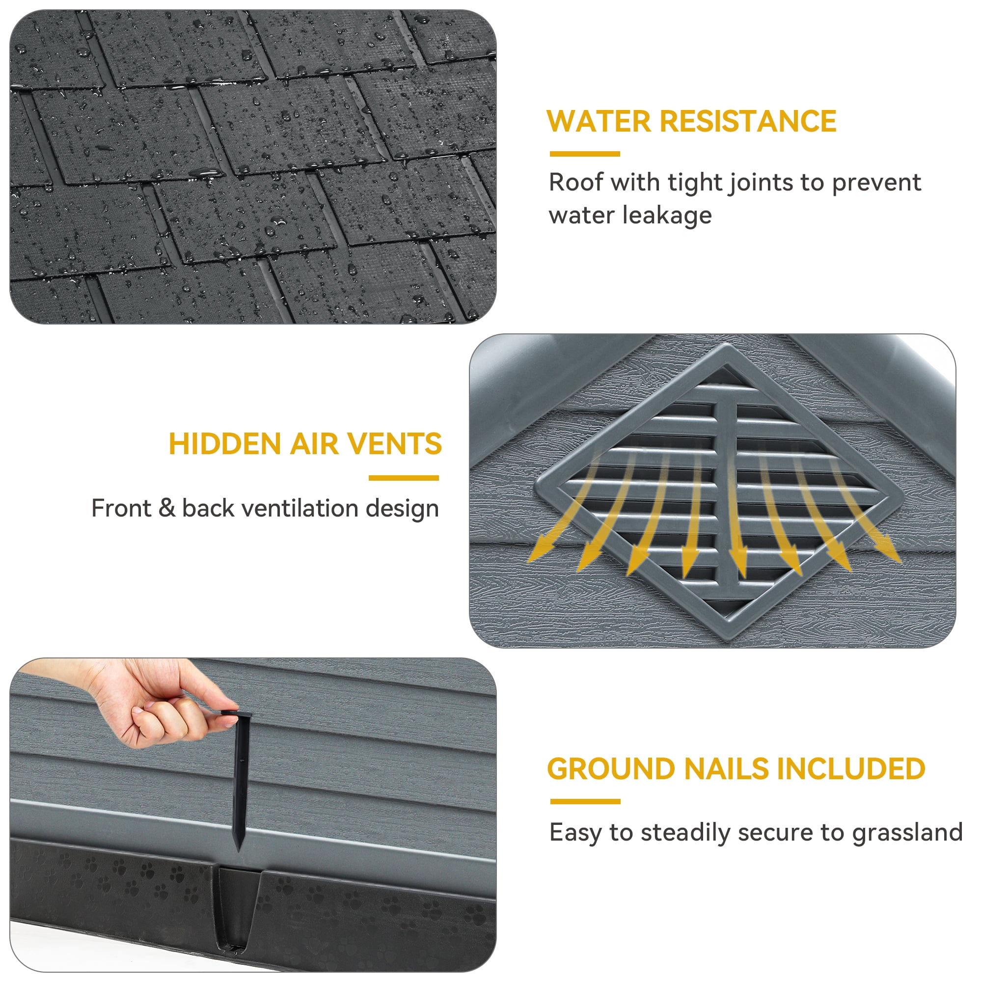 Dextrus 41" Weatherproof Plastic Dog House for Small to Large Dogs, Elevated Floor, Ventilated, Black & Grey