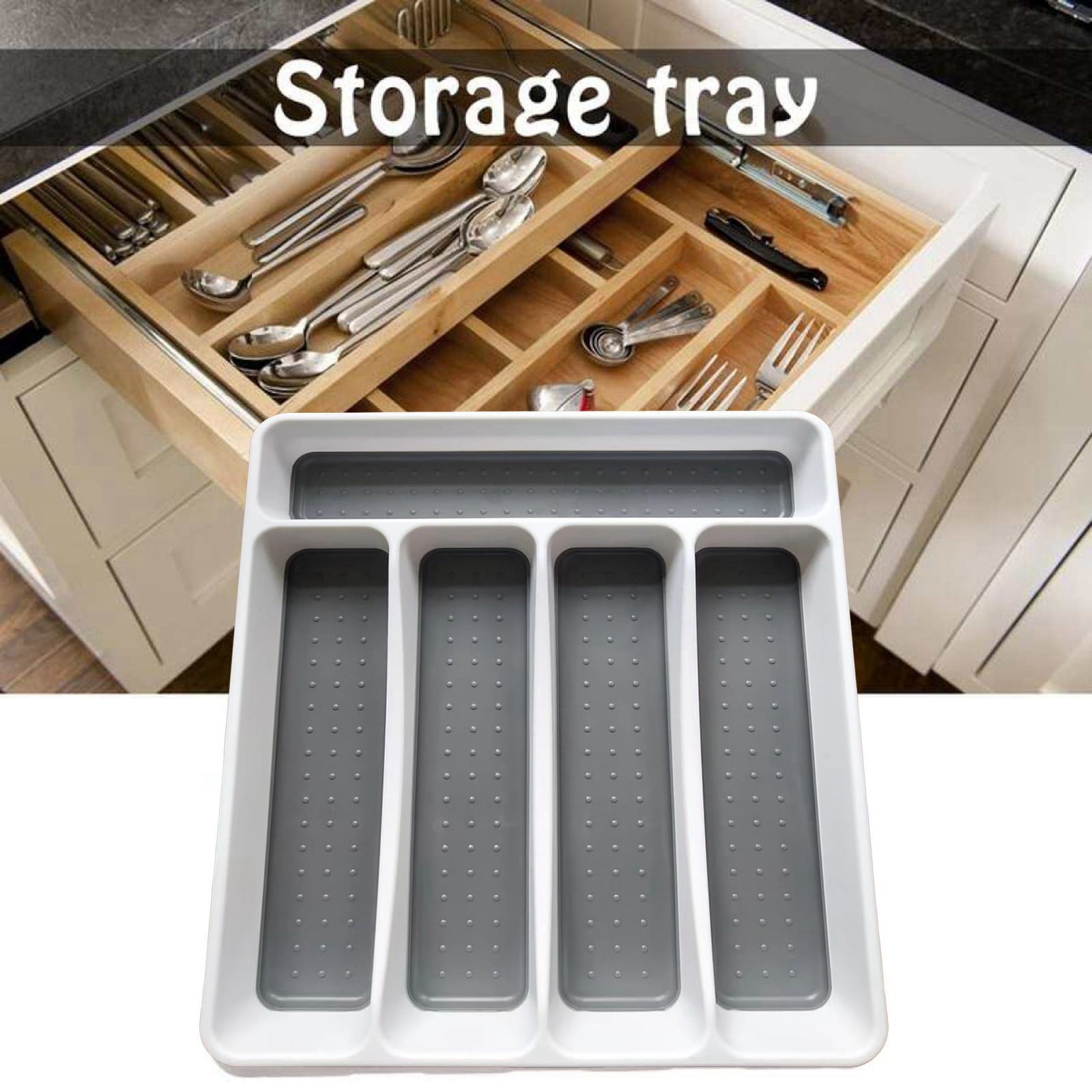 5-Compartment Cutlery Drawer Organizer Tray - Plastic Utensil Storage Solution for Spoons, Forks and Kitchen Tools - Grey