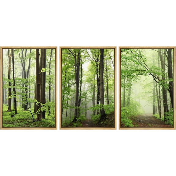 Wall26 Framed Prints Canvas Wall Art Set of 3 Vibrant Green Spring Forest Nature Wilderness Photography Realism Decoration Landscape Rustic Country/Farmhouse Wall Decora - Natural 24"x36"x3
