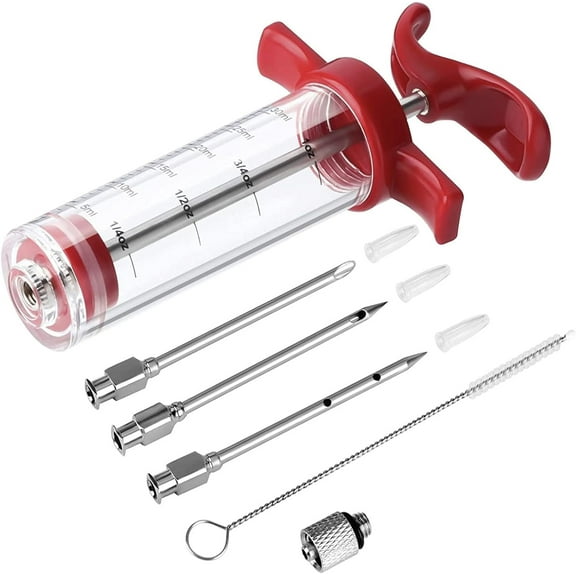 Meat Injector Syringe - 3 Marinade Injector Needles for BBQ Grill, Premium Portable Turkey Injector kit for Smoker,Marinades Injector for Meats With 1oz Large Capacity 1 Brush Easy to Use & Clean Red