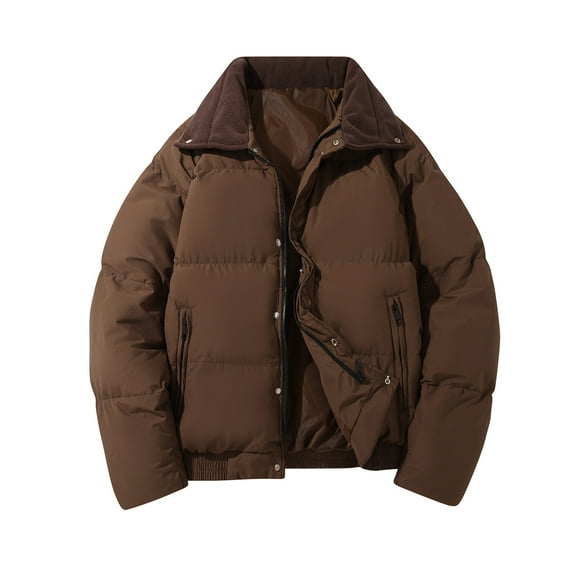 Men's Solid Puffer Jacket Fleece Collar Winter Coats Short Padded Jackets Warm Outerwear Coat with Big Zipper Pockets Yellow 3XL