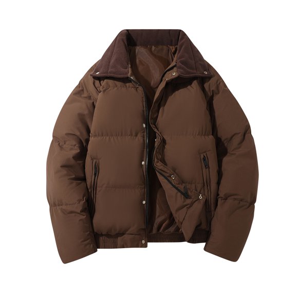 Lovzfmll Men's Puffer Jacket Notched Lapel Quilted Short Puffer Zip Up Coffee, M