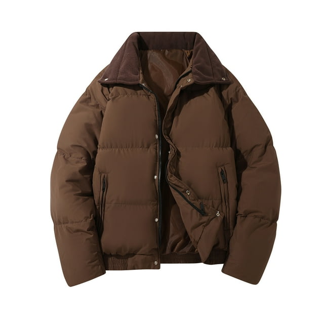Lovzfmll Men's Puffer Jacket Notched Lapel Quilted Short Puffer Zip Up Coffee, M