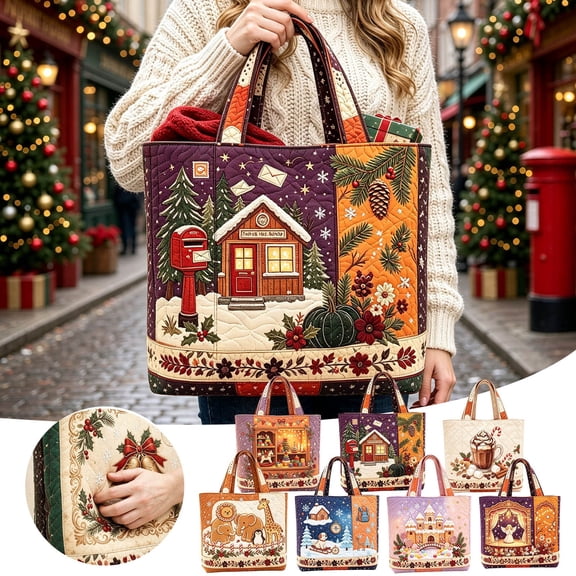 Christmas Quilted Tote Bag Gingerbread Animal Print, Large Reusable Shopping Bag Winter Holiday Handbag for Christmas Shopping Party Gift Women Animal Lovers