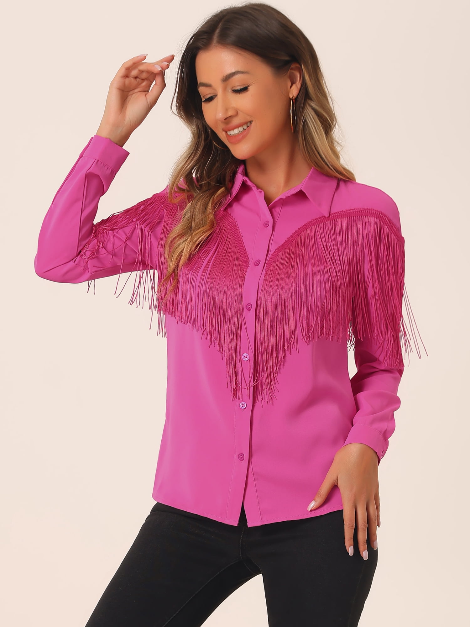 DARING DIVA Women's Fringe Button Down Disco Shirts Blouse XL Hot Pink