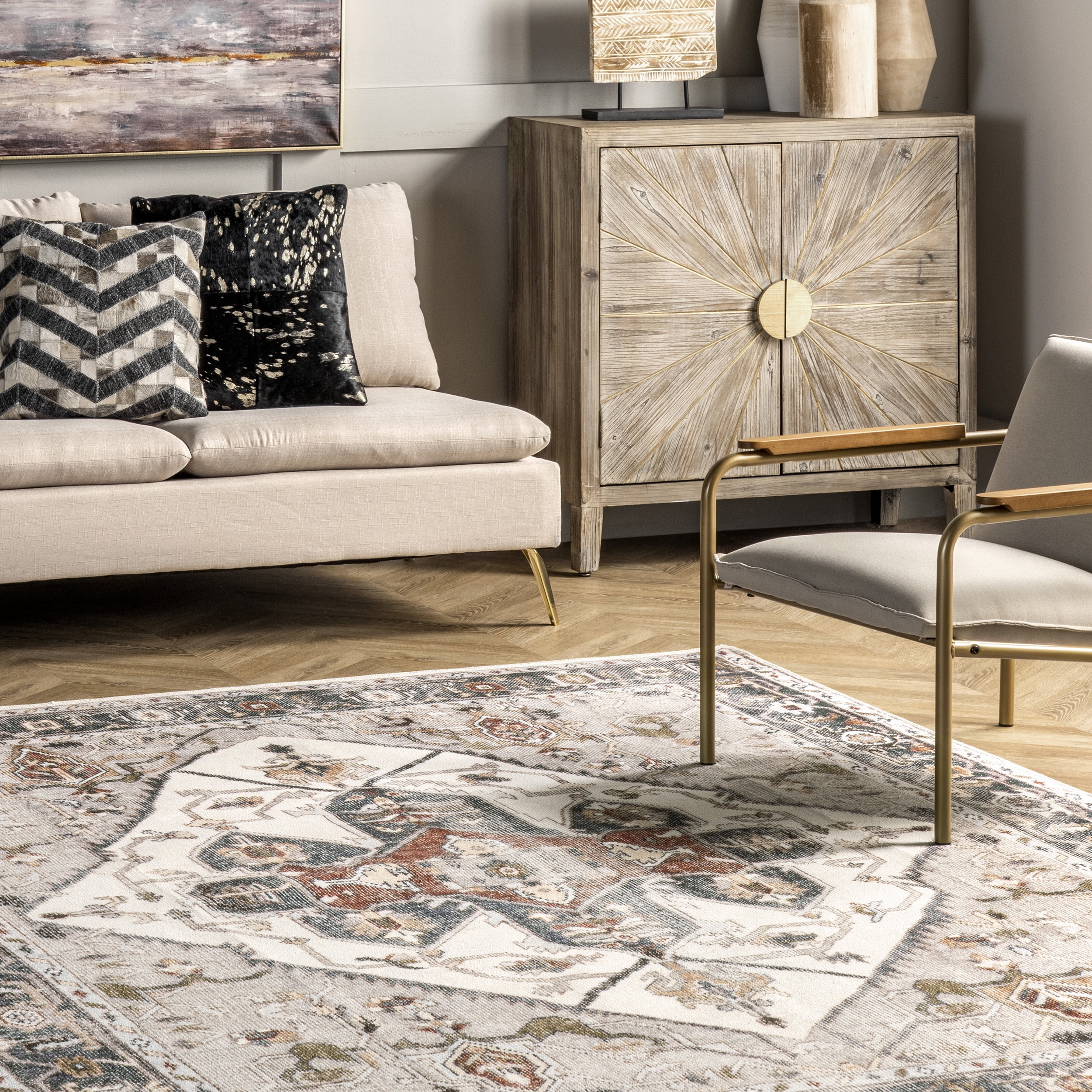 nuLOOM Mali Machine Washable Traditional Medallion Area Rug, 6', Ivory