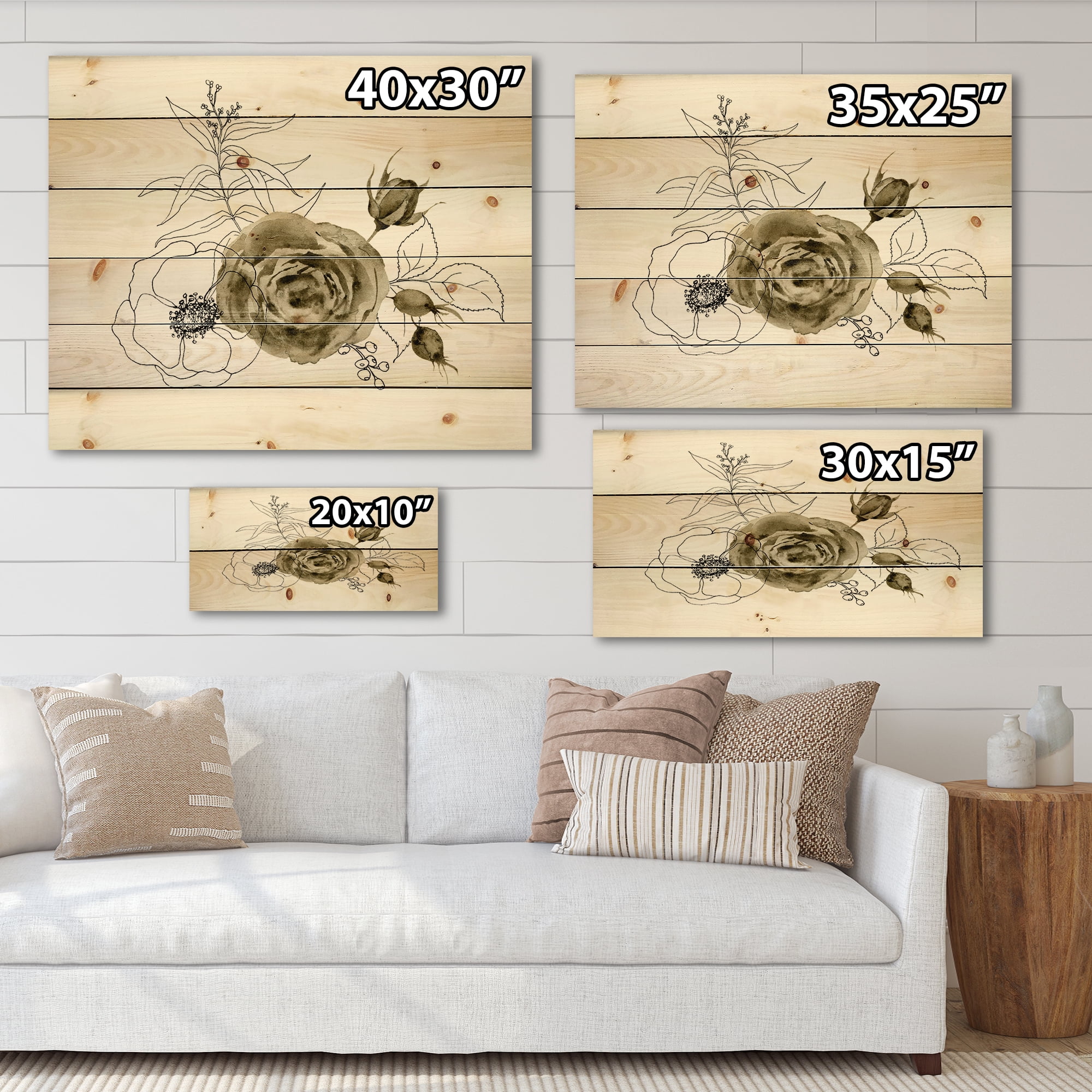 Designart 'Eucalyptus Branches With Anemone Bouquet Flower I' Traditional Print on Natural Pine Wood