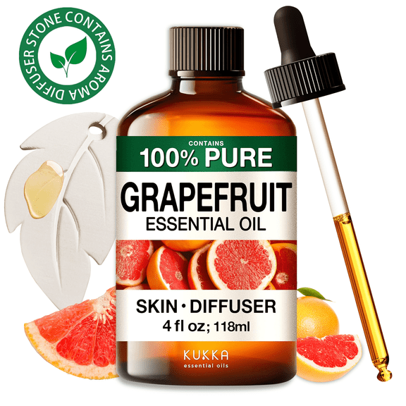 Kukka Grapefruit Essential Oil with Aromatherapy Stone - 100% Pure Zesty Citrus for Diffuser, Skincare, Hair Care & DIY - 4 fl oz