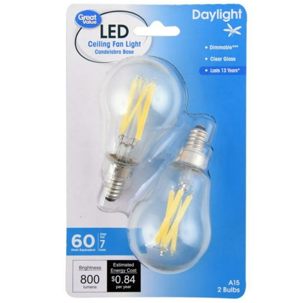 Great Value 7Watts LED Ceiling Fan Bulb, 60W Eqv Clear Glass, A15 with