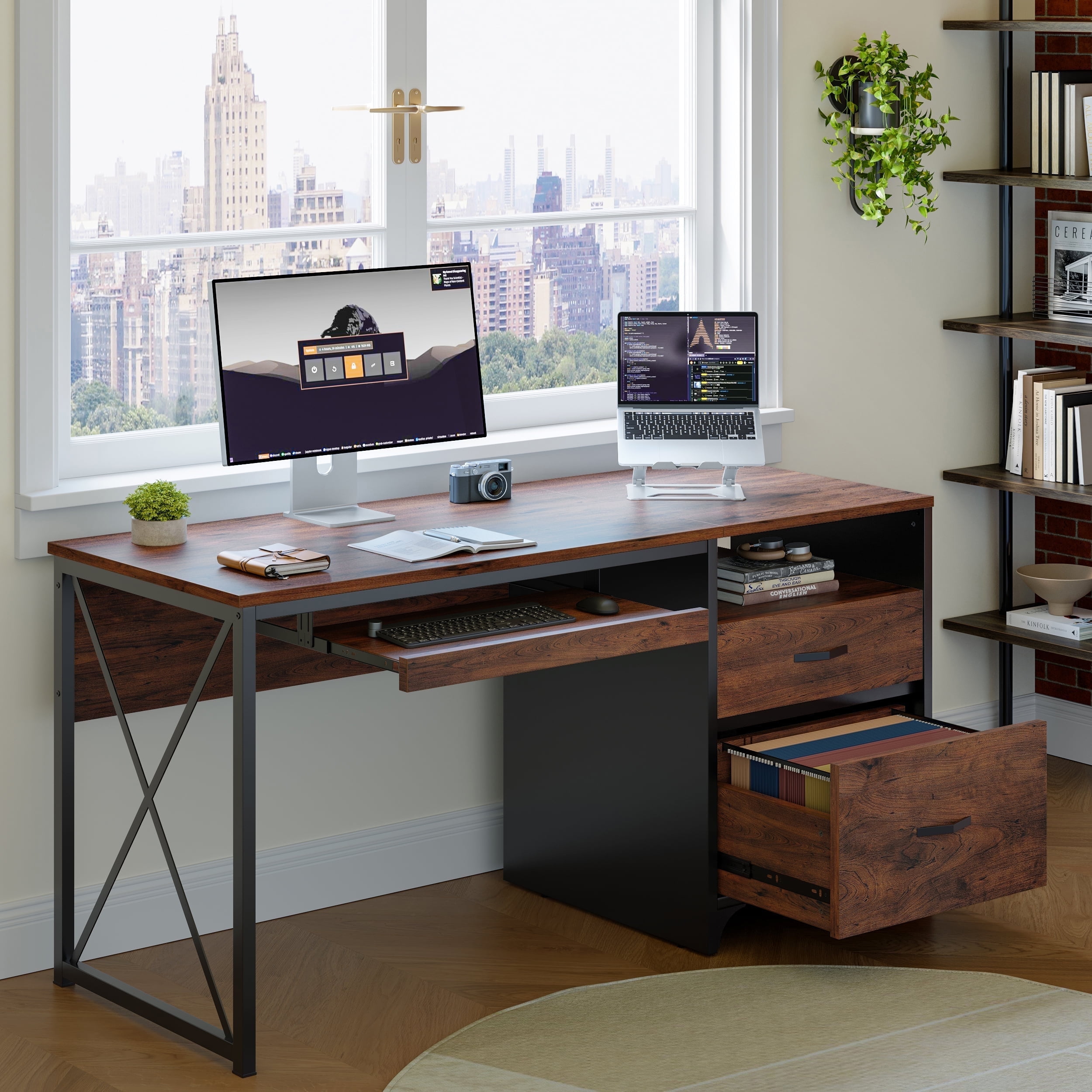 Bestier 55 inch Computer Desk with Storage Drawers & Keyboard Tray & File Drawer Home Office Desk Cherry