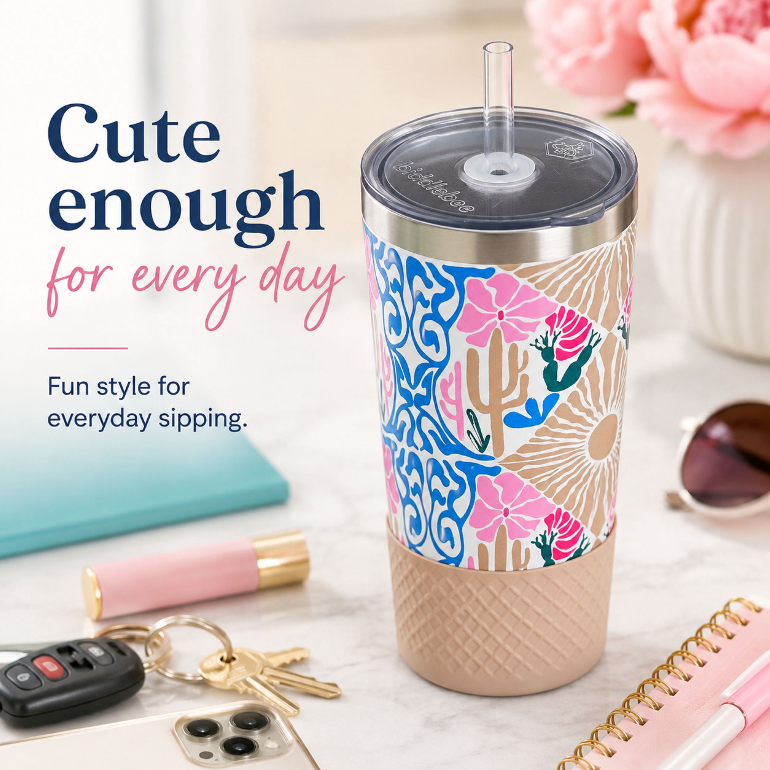 Biddlebee 20oz Insulated Stainless Steel Tumbler with Straw and Silicone Boot, Desert Dreams