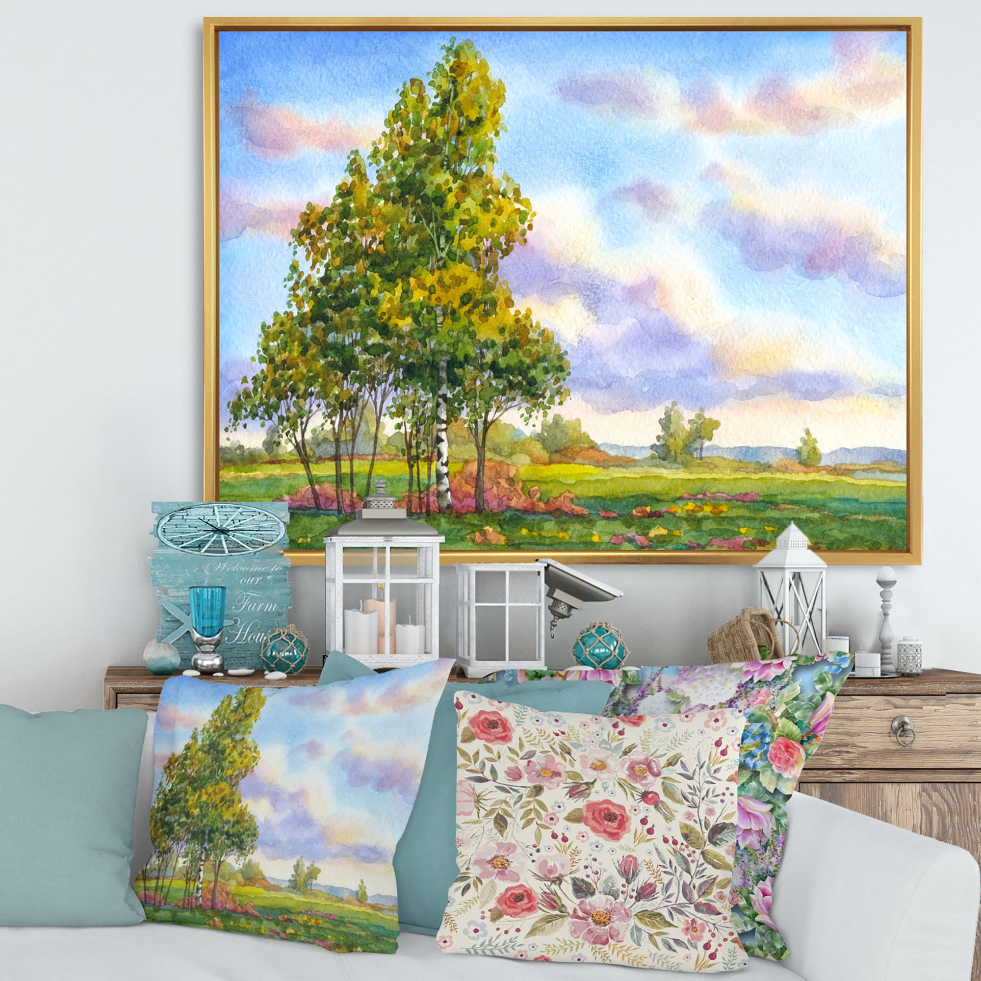 Designart 'The Trees In The Evening Landscape Field ' Traditional Framed Canvas Wall Art Print