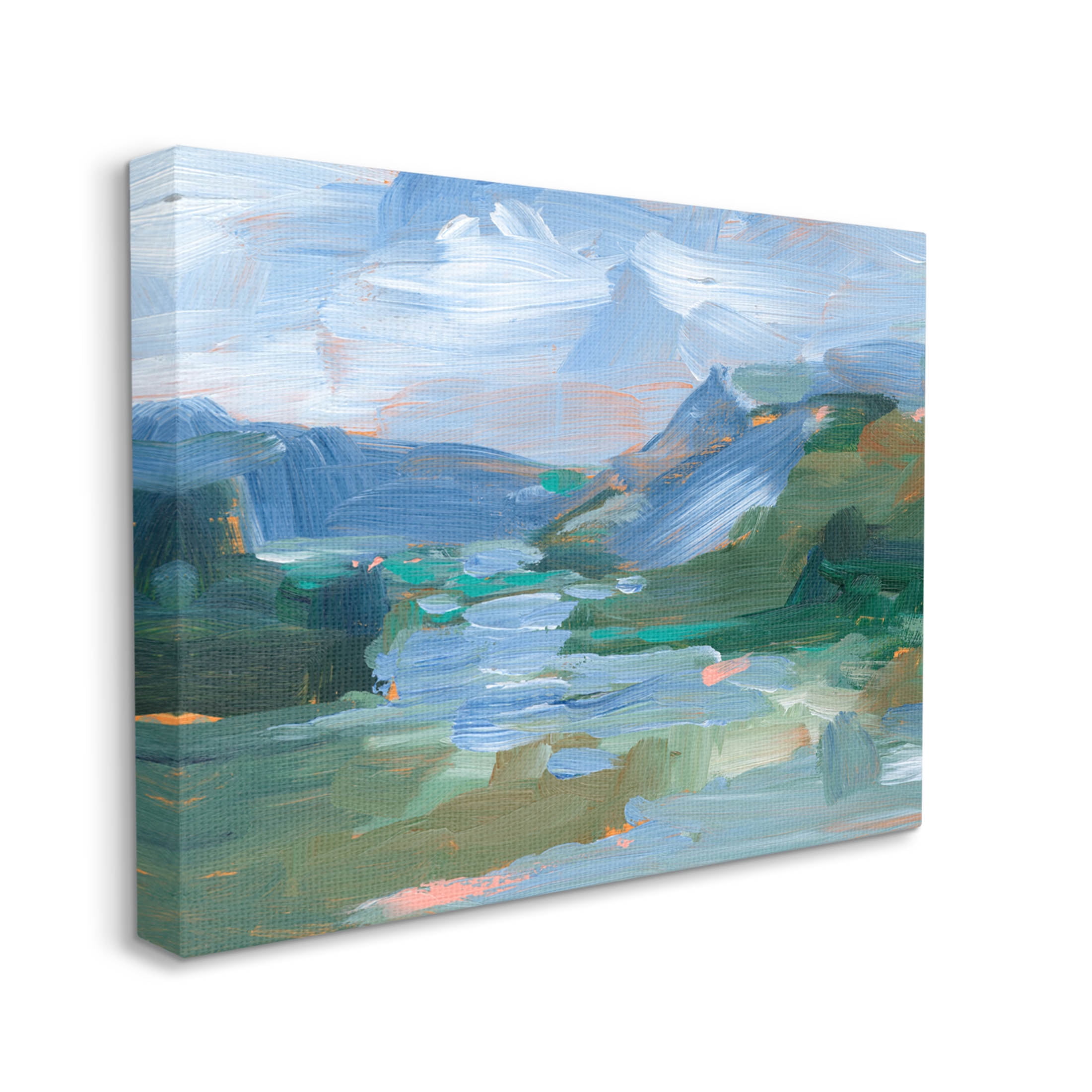 River Through Mountains Abstract Scene Landscape Painting Gallery Wrapped Canvas Print Wall Art