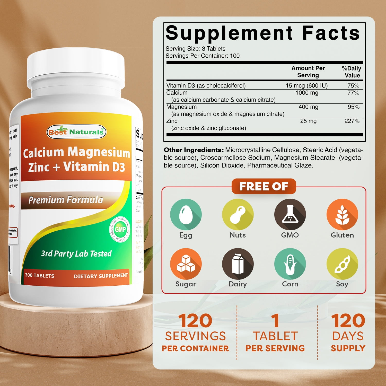 (2 pack) Best Naturals Calcium Magnesium Zinc with Vitamin D3, 300 Tablets - Calcium 1000 mg, Magnesium 400 mg, Zinc 25 mg & D3 600 IU per Serving (3 Tablets)