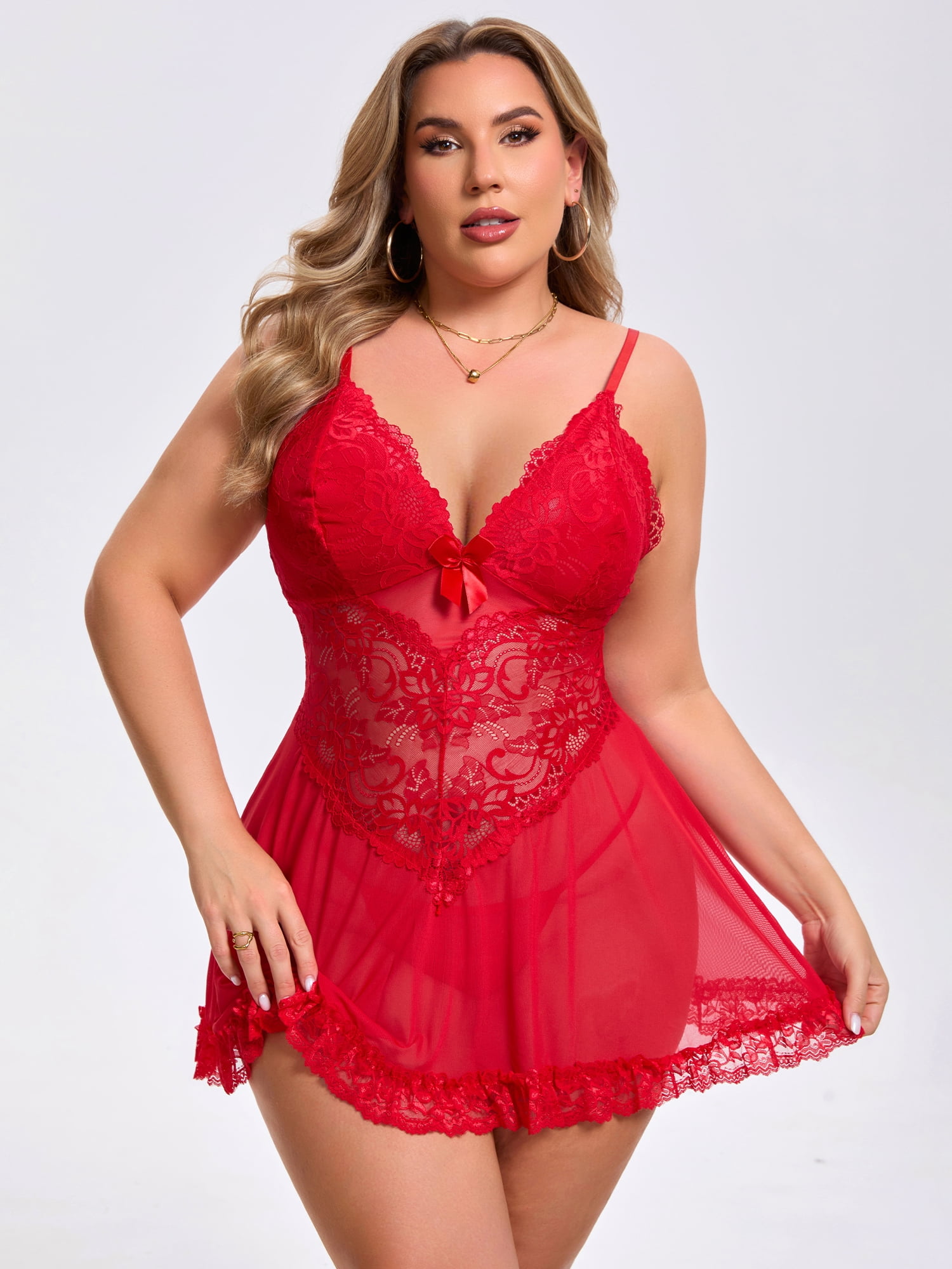 DARING DIVA Women's Plus Size Lingerie Lace V Neck Mesh See Through Chemise 2XL Red