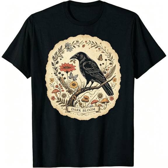 Vintage Dark Bloom Crow Wildflower Mushroom Graphic T-Shirt Men Women Retro Cottagecore Botanical Short Sleeve Tee