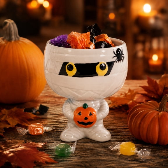 Sruoe Halloween Mummy Boy Holding Pumpkin Candy Bowl Set - Suitable for Holiday Decorations