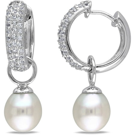 Miabella 9.5-10mm White Cultured Freshwater Pearl and 1-1/2 Carat T.G.W. White Topaz Sterling Silver Clip-Back Earrings