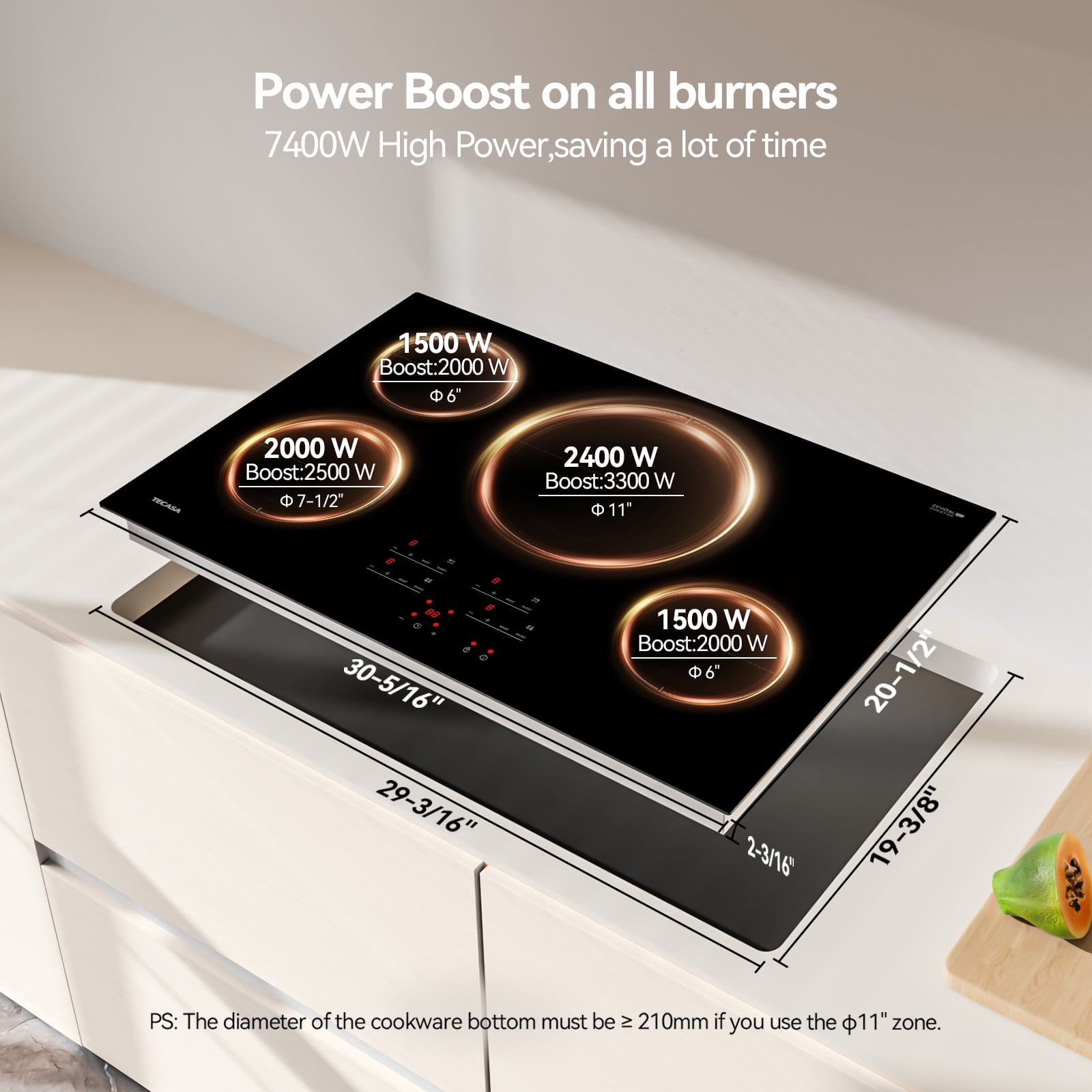 Tecasa 30 Inch 4 burners Induction Cooktop, 7400 W Built-In Stove Top with Boost Function and Touch Control,Black