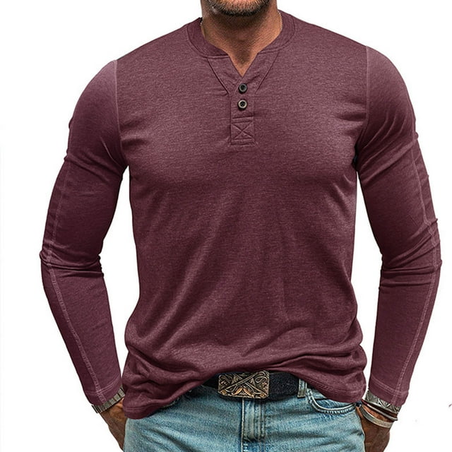 pstuiky camisas de manga larga para hombre, Suéter deportivo informal de color liso con cuello redondo y botones para hombre, blusa de manga larga con cuello redondo camisetas de hombre xxxl