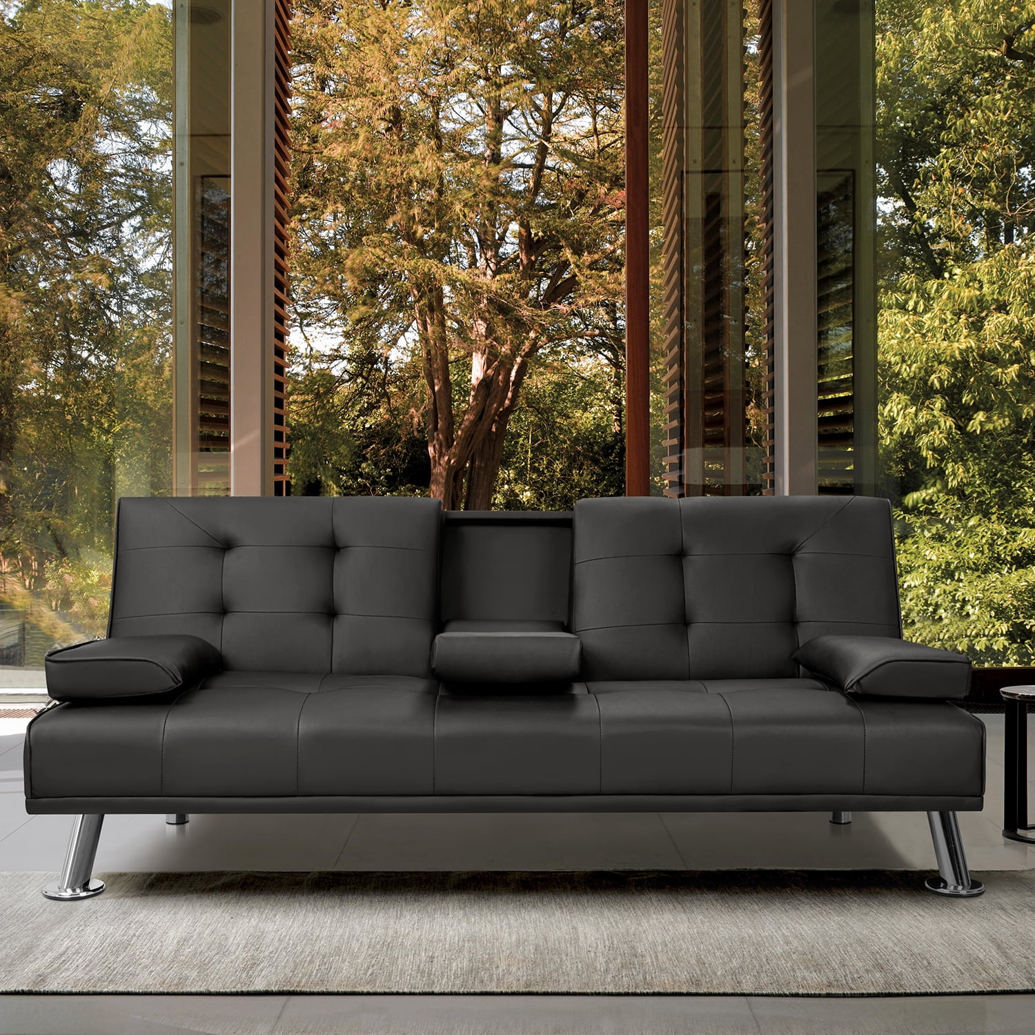 Vineego Modern Faux Leather Couch Convertible Folding Futon Sofa Bed with 2 Cup Holders, Black
