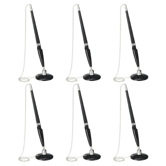 Uxcell Secure Pen with Chain and Adhesive Pen Holder, 6 Pcs Reception Counter Desk Pen for Office Bank Hotel Lobby, Black