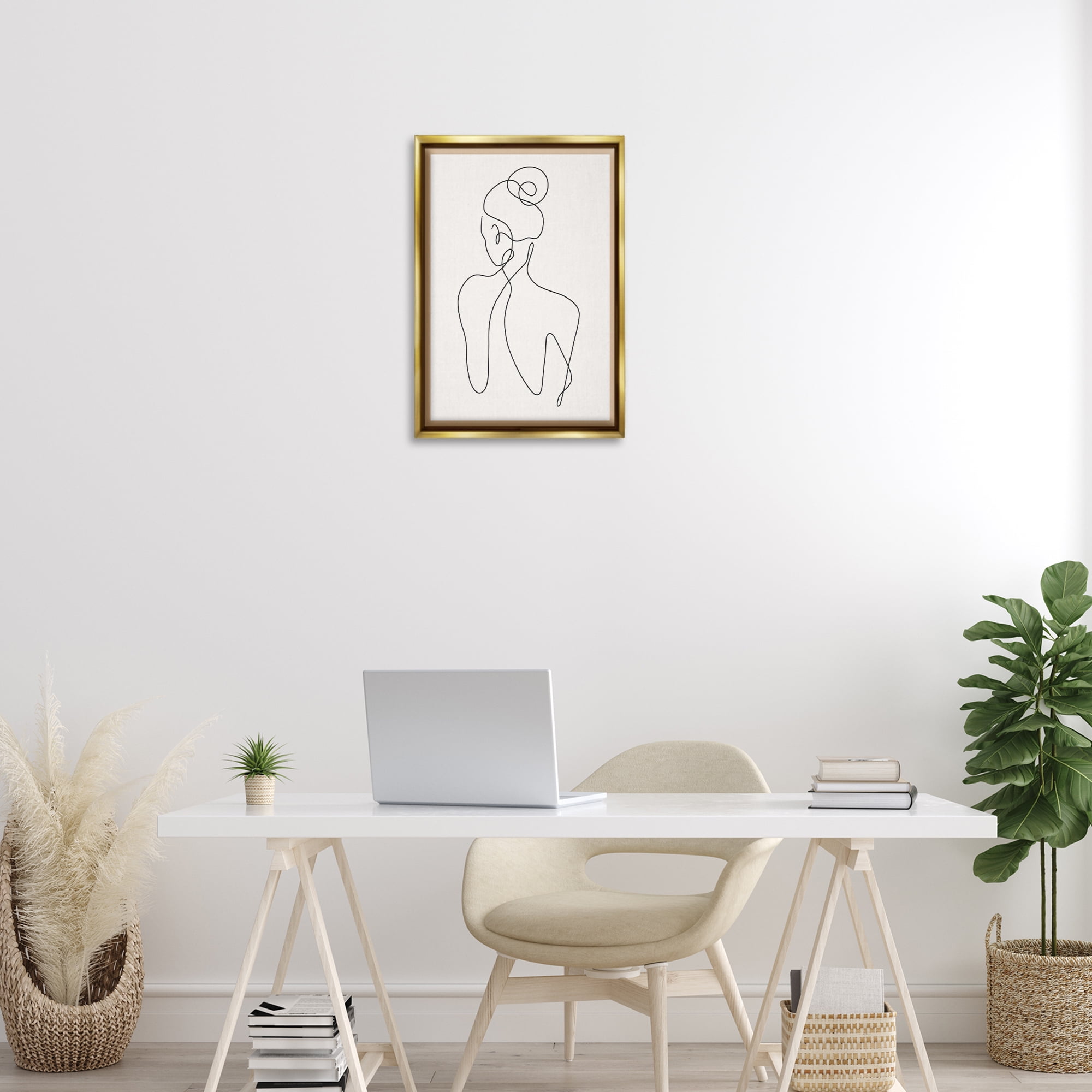 Stupell Industries Minimal Woman Line Drawing People Painting Gold Floater Framed Canvas Art Print Wall Art, 17 x 25