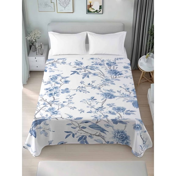 Blue White Spring Floral California King Size Flat Sheet, Wrinkleproof & Fadeproof Cooling Flat Bed Sheet Only, Summer Botanical Birds Breathable Soft Bedding Top Sheets 108 x 98 Inches