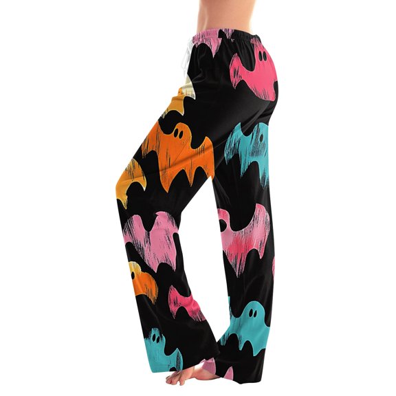 Garbnen Halloween Pants Pajamas Ghost Print Lounging Pants for Women Comfy Cute Elastic Waist Fall Winter Wide Leg Sleep Pants Women Black M