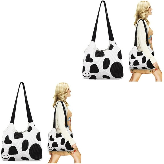 MLINS 2pcs Women Canvas Tote Bag Cow Smile Face Pattern Grocery Shoulder Bag Casual Handbag for Shopping Work