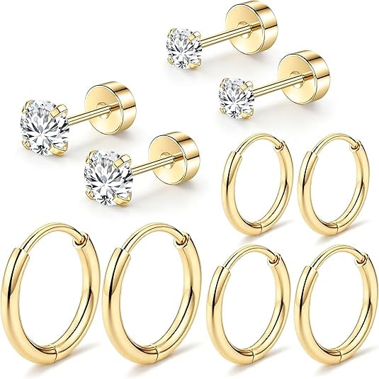 Cterwk 5 Pairs 316L Stainless Steel Hoop Earrings Cubic Zirconia Stud Earrings for Women Men