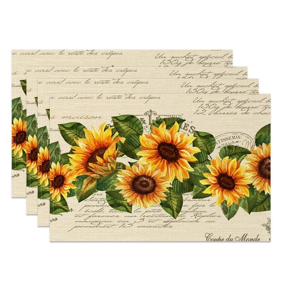 SUNOLIFE Rustic Sunflower Placemats Set of 4,Fall Floral Linen Fabric Table Mats for Farmhouse Dining Table Decorations 12x18 inch