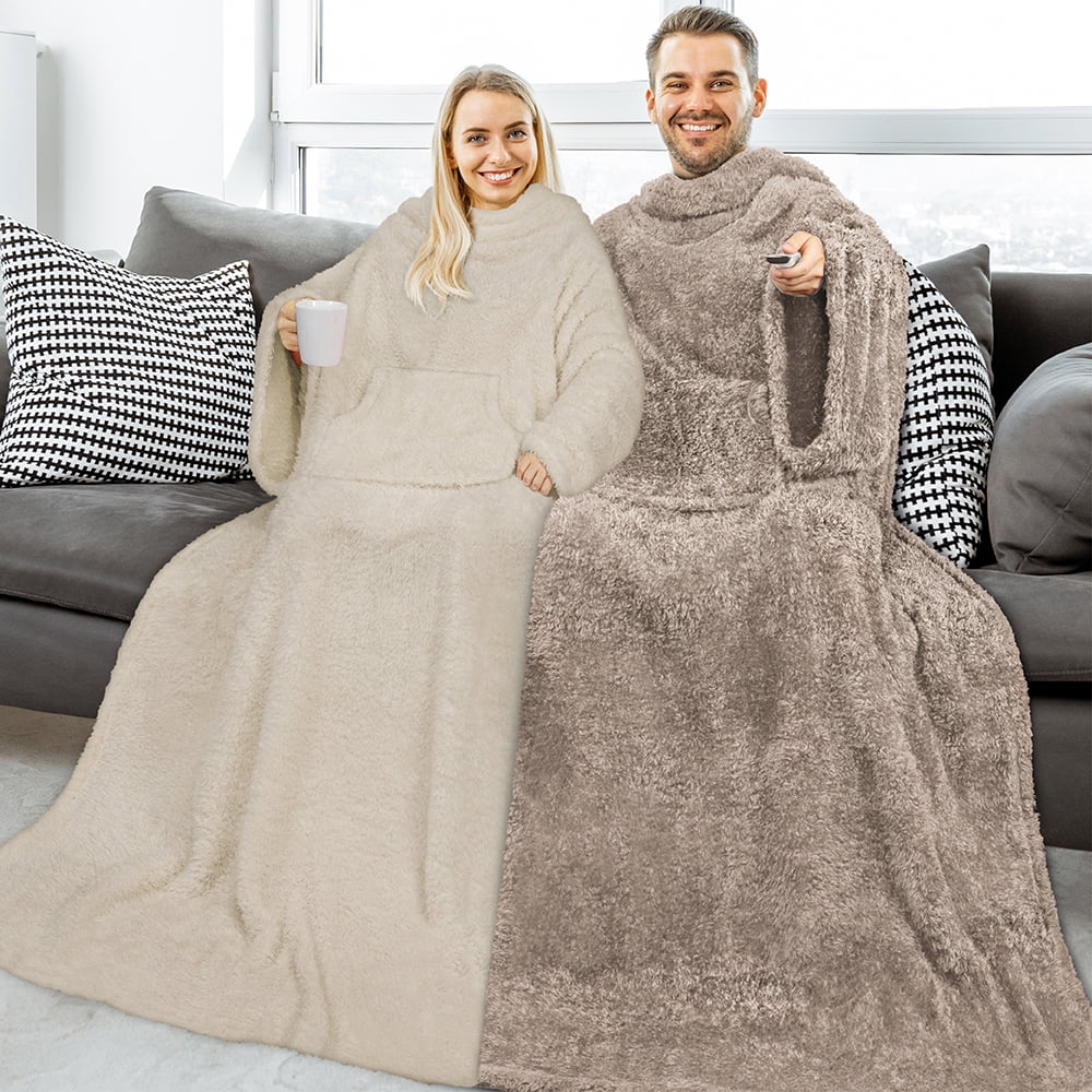 PAVILIA Fluffy Blanket with Sleeves Women Men Adults, Wearable Blanket Plush Soft Fuzzy, Hug Sleep Pod Snuggle Pocket Sleeved TV Throw, Sherpa Fleece Warm Cozy Shaggy Gifts Ideas Mom Wife, Taupe Tan