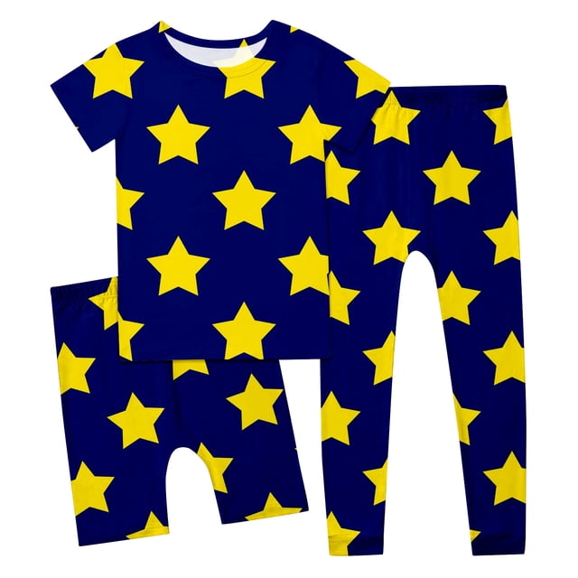UANWENN Ensemble de Tenues pour Filles Imprimé Étoile Col Rond T-Shirt à Manches Courtes Shorts Pyjama Trois Pièces Confortable Décontracté Tenue de Nuit pour Tout-Petits Enfants Âge 2 14 Printemps Été Tenue d'Intérieur Ensemble Chandail à Capuchon Court et Pantalon