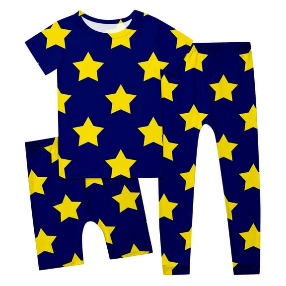Big Girls Outfits Star Print Round Neck Short Sleeve T Shirt Shorts Sleepwear Three Piece Comfy Casual Sleepwear For Kids Spring Loungewear Cute Sets Size 9-10T