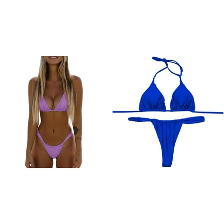 Lojoutye 2 Pack(Blue 1PCS & Purple 1PCS) Multipack Mens String Bikini Underwear High Two Up Bikini Piece Up Women Cut Lace Solid Swimsuit Set Push Swimwears Tankinis Set