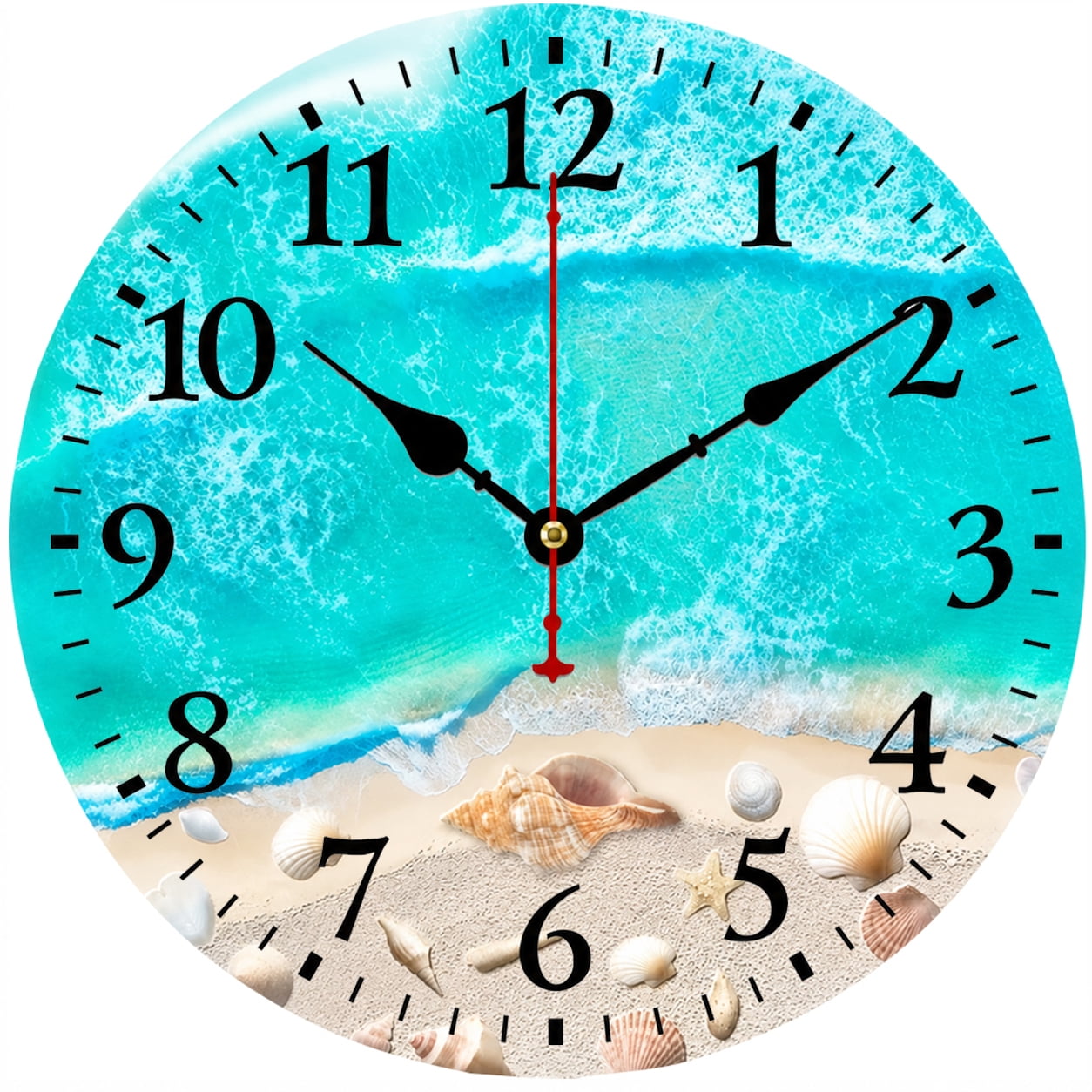 Coastal Wall Clock 9.84 Inch, Beach Ocean Wave Decor, Nautical Sea Shell Analog Clock, Battery Operated Home Decor for Living Room Kitchen Bedroom