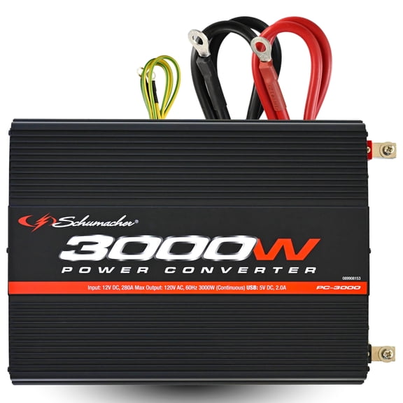 Schumacher Electric DC-to-AC Power Converter, 3000 Continuous Watts/6000 Peak Watts, AC Outlets and 2A USB Ports, New in Box, PC-3000