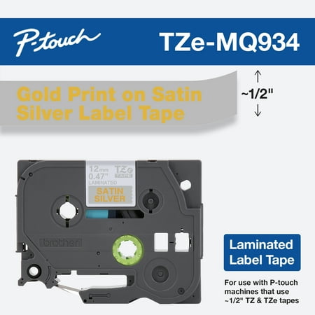 UPC: 0012502626169 | Brother Genuine P-touch TZE-MQ934 Tape  1/2  (0.47 ) Standard Laminated Label Maker Tape  Gold on Satin Silver  0.47 in. x 16.4 ft.  TZEMQ934