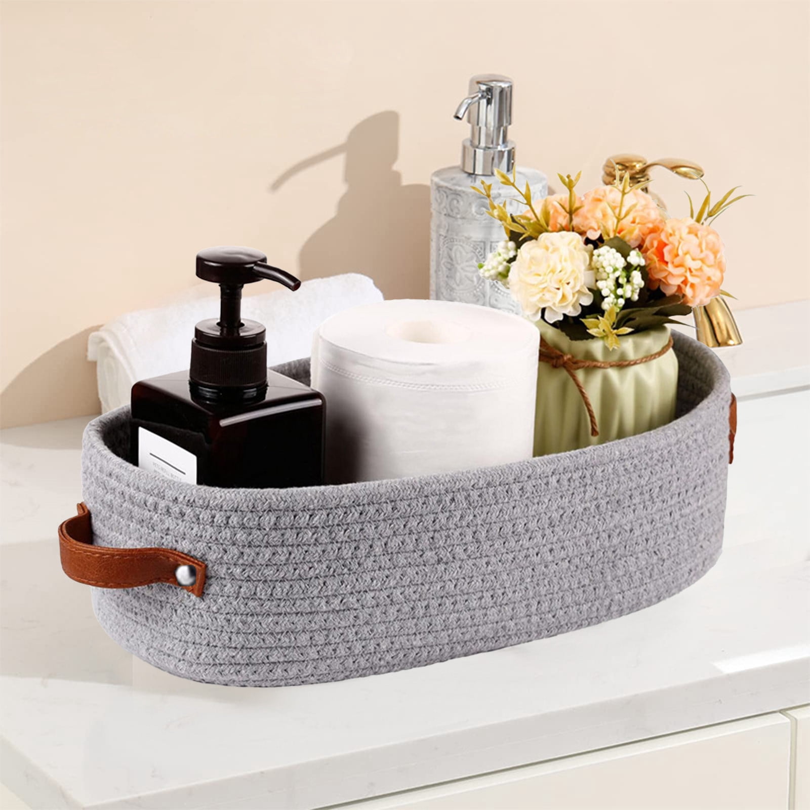 VQPeo Woven Cotton Storage Basket, Multipurpose Bathroom Organizer for Toilet Tank Top & Counters(Gray)