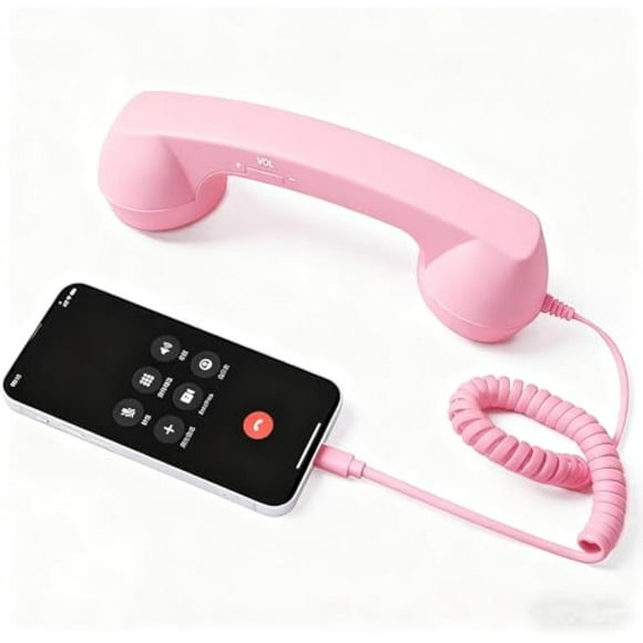 Retro Phone Handset, Type-C Retro Telephone Wired Handset Style Landline Handle Receiver, Vintage Old School Telephone Handset for Mobile Phones, Cell Phone Receiver with Microphone & Speaker (Pink)