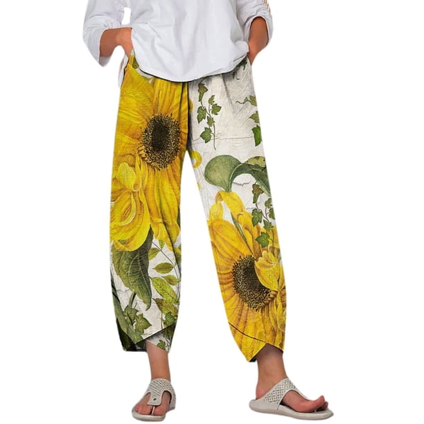 Pantalones de Cintura Elástica Para Mujer, Pantalones de Pierna Ancha Con Estampado Floral, Pantalones Cortos Informales de Algodón Y Lino, Pantalones Deportivos Con Bolsillo Odeerbi ODB-6