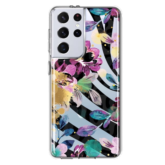 MUNDAZE Samsung Galaxy S21 Ultra Shockproof Clear Hybrid Protective Phone Case Zebra Stripes Tropical Flowers Purple Blue Summer Vibes Cover