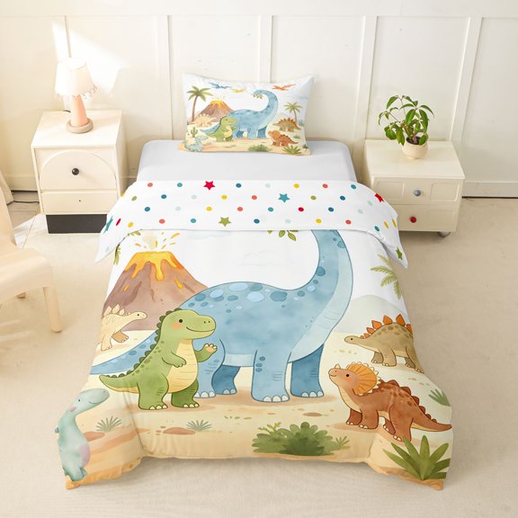 Homewish Cute Dino Family Twin Duvet Cover,Jungle Animals Twin Bedding,Polkadot Reversible,2-Piece,1 Duvet Cover and 1 Pillowcase