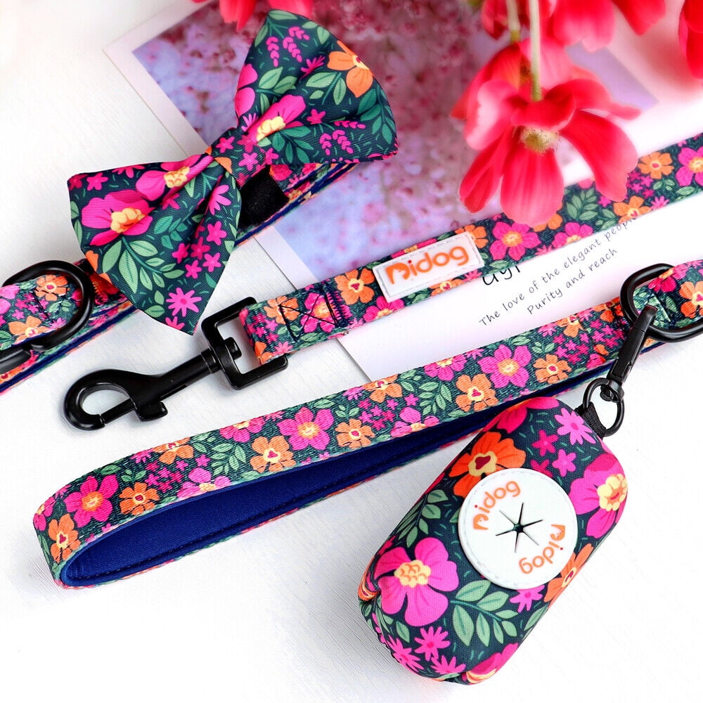 Didog Floral Cute Bowtie Dog Collar & Leash & Poop Bags Holder Adjustabale for Puppy