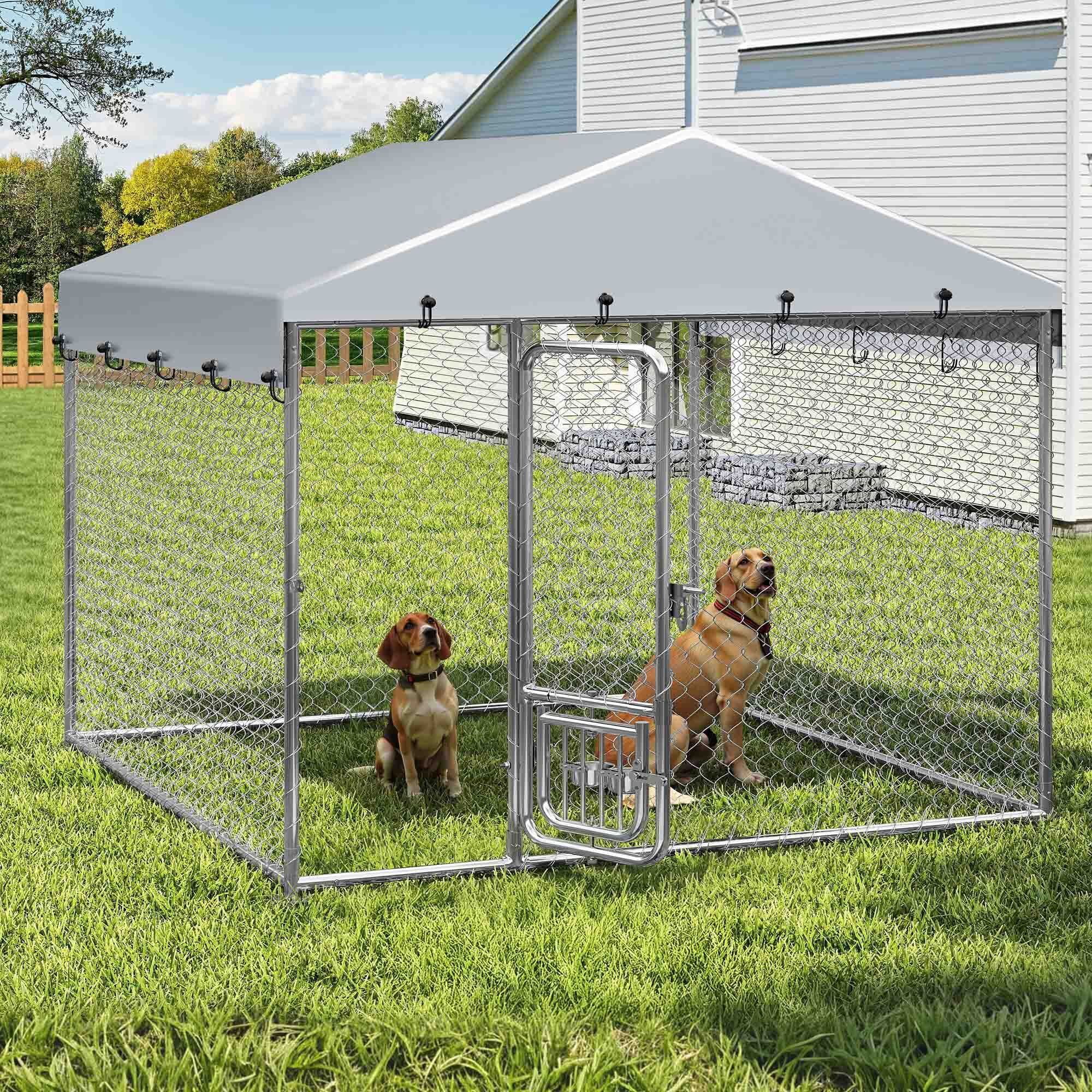Uforic 7.5'x7.5' Outdoor Dog Kennel with Rotating Feeder & Roof, Heavy Duty for Backyard Farm