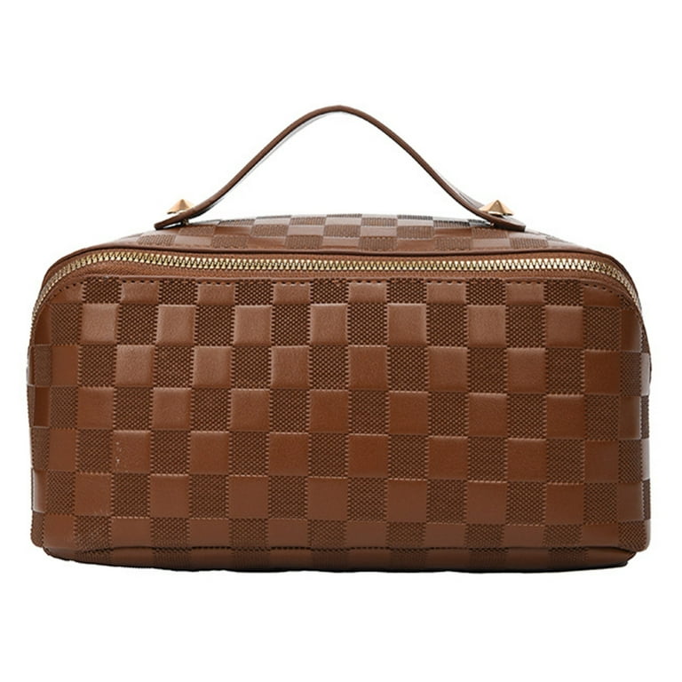 Checkered Travel Makeup Bag, Vegan Leather Large Retro Cosmetic Pouch,  Toiletry Bag for Women, Portable and Waterproof, Brown