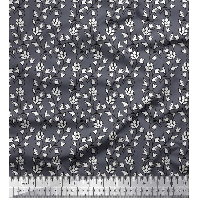 Soimoi Polyester Crepe Fabric Leaves & Floral Block Printed Craft Fabric by The Yard 52 Inch Wide