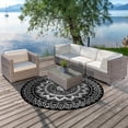 thumbnail image 3 of Round Outdoor Rugs 5ft Waterproof Patio Plastic Straw Rug Reversible Camping Carpet Lightweight Indoor Area Rug for Picnic RV Camping Balcony Graden Beach Boho Porch Decor,Black and white, 3 of 9